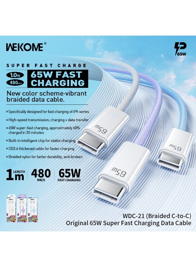 WEKOME 3-Pack 65W Colorful Braided Super-Fast Charging Data Cables (Type-C Interface/1 Meter/Nylon Braided) - New Three Colors | PD 65W Ultra-Fast Charging | 480MB/s High-Speed ​​Transfer - Image 1